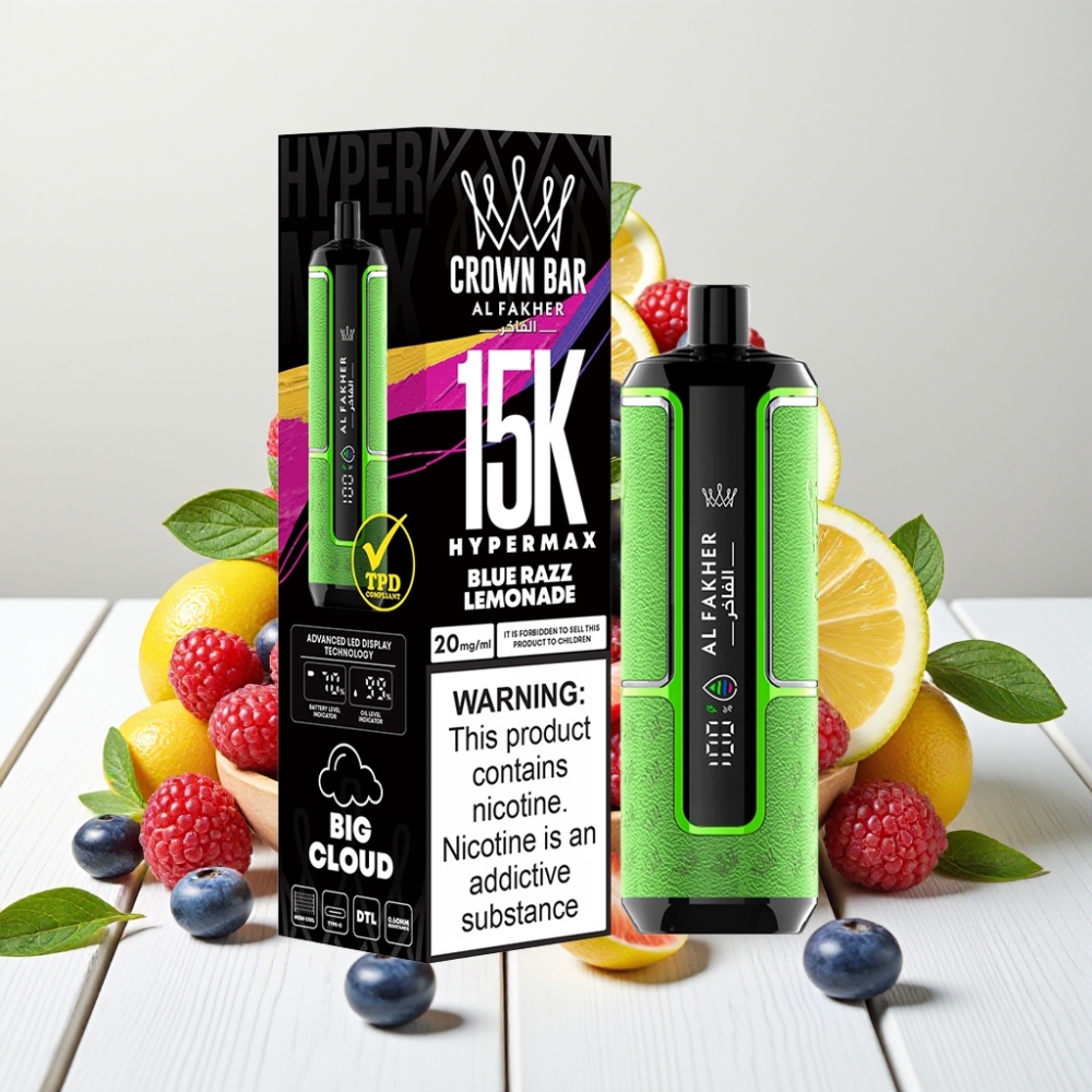 Al Fakher Crown Bar 15K Hypermax Vienkartinis Vapas – Mėlynųjų Serbentų Limonadas, 22ml, 15K Pūkų, 6mg