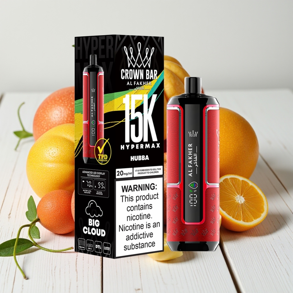 Al Fakher Crown Bar 15K Hypermax Vienkartinis Veipas – 22ml, 15K Pūkų, 6mg/ml, Hubba (Burbulas)