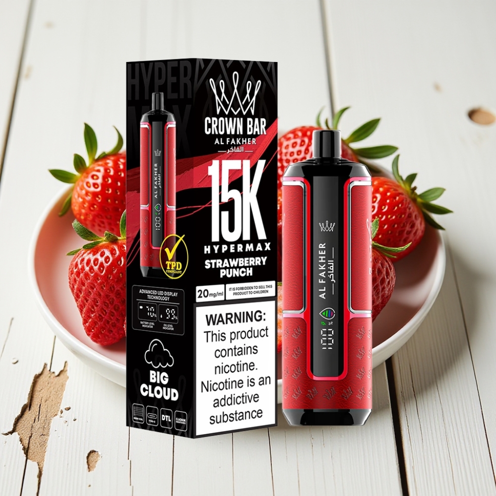 Al Fakher Crown Bar 15K Hypermax Vienkartinis Veipas Kit Braškių Punch – 22ml, 600mAh, 15K pūkų