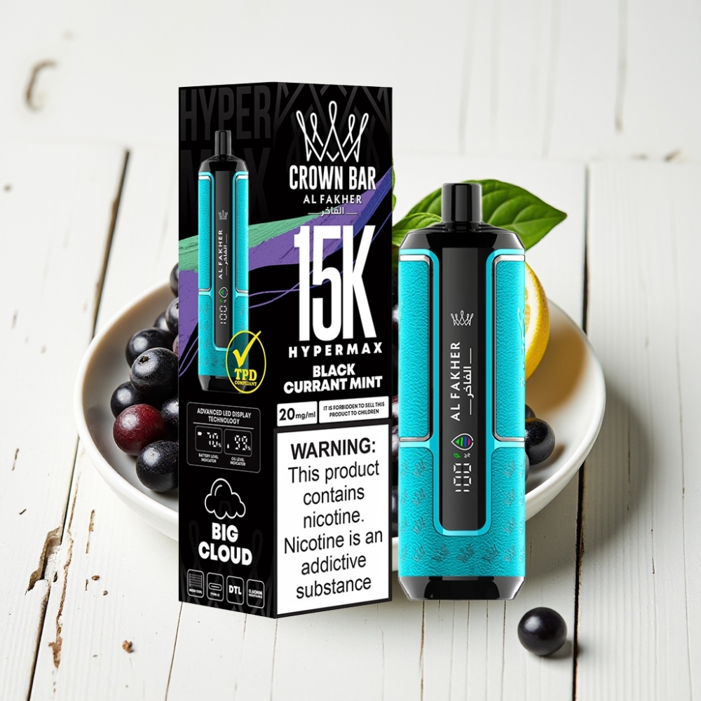 Al Fakher Crown Bar 15K Hypermax Vienkartinis Veipas Kit Juodųjų serbentų mėta, 22ml, 15K potūkiai