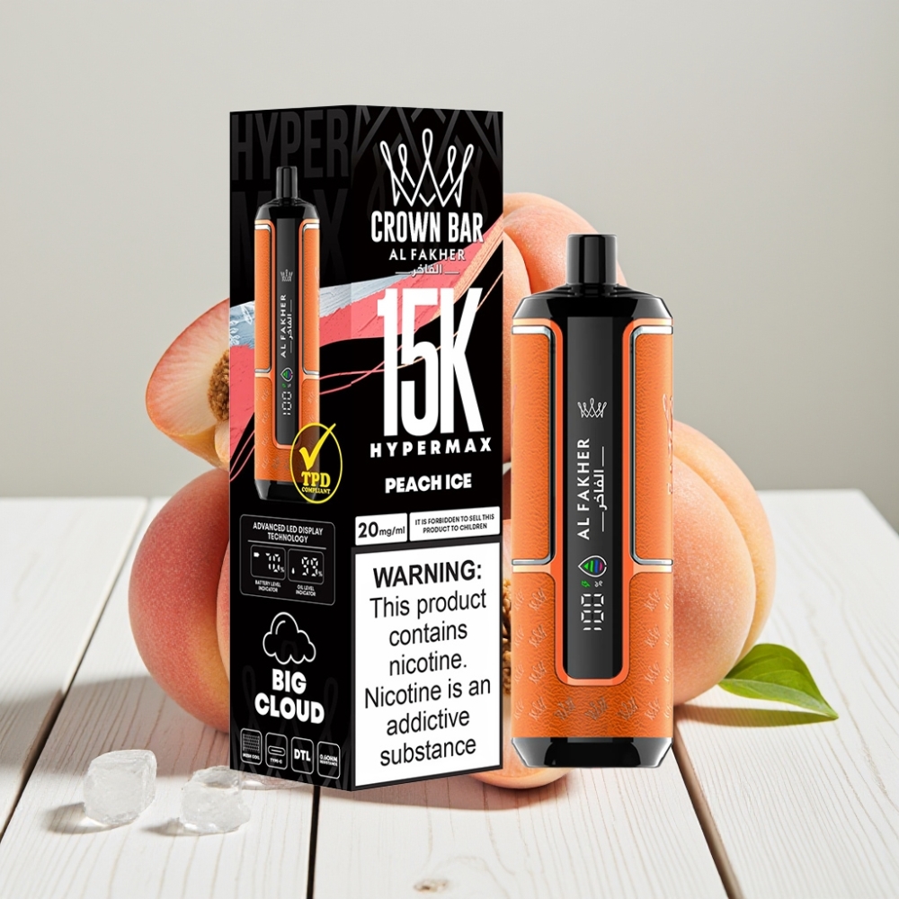 Al Fakher Crown Bar 15K Hypermax Vienkartinis Veipas Kit Persikų Ledas – 22ml, 15K Puffų, 6mg/ml