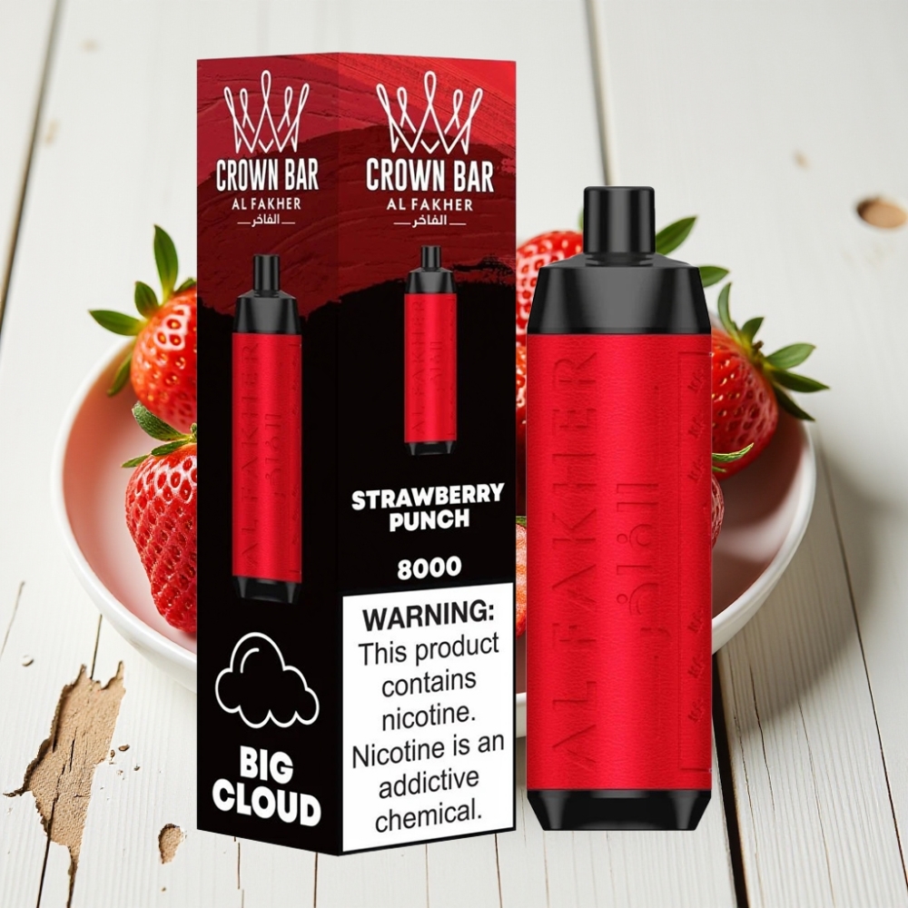 Al Fakher Crown Bar 8000 Crystal Vienkartinis Veipas – Braškių Punch, 5mg Nikotino, 8000 Traukimų, 600mAh
