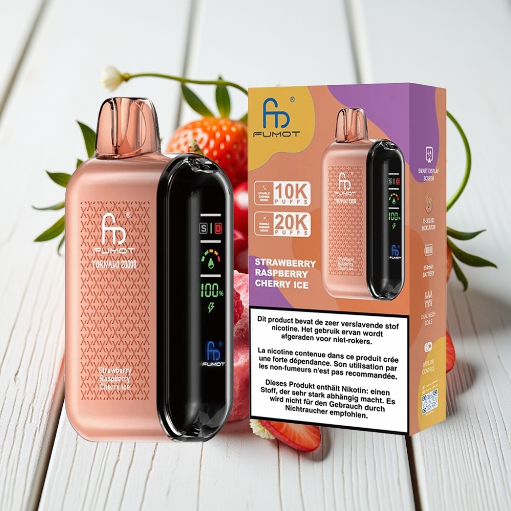 Fumot Tornado 20000 Puffs Braškė – Avietė – Vyšnia Ledas | 20ml, 850mAh, 2% Nikotino