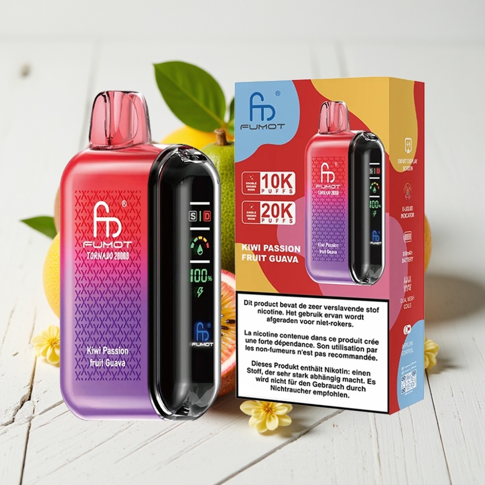 Fumot Tornado 20000 Puffs Vienkartinis Veipas - Kiwi Pasiflora Gvajava, 20ml, 850mAh, 2% Nikotino