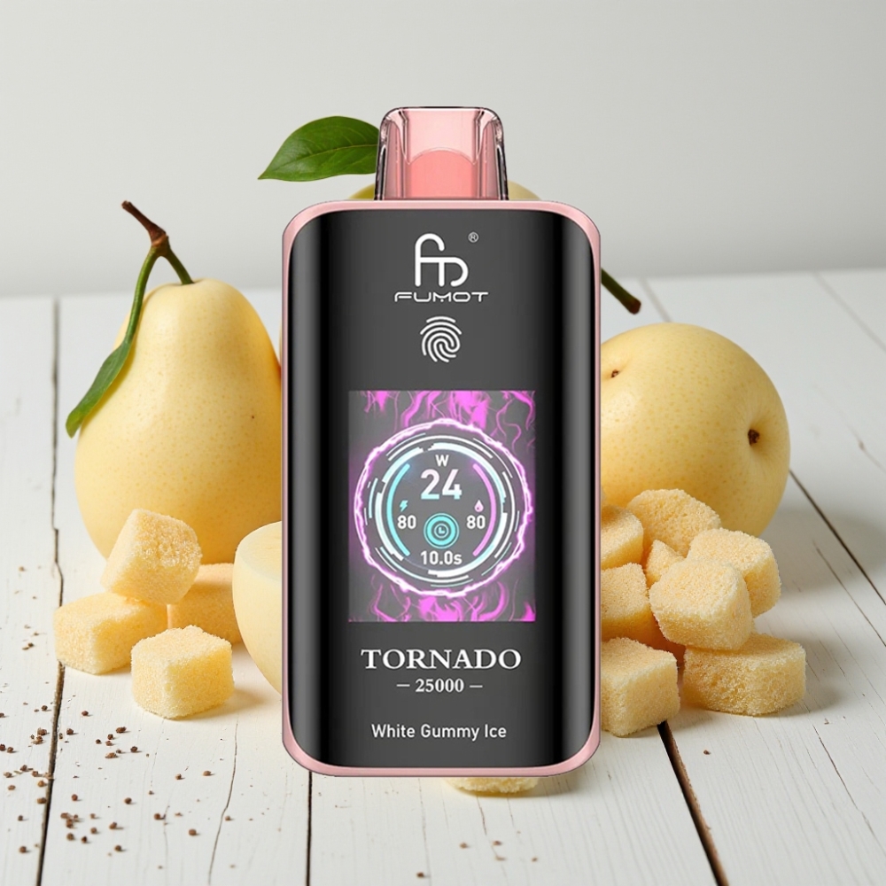 Fumot Tornado 25000 Puffs - Baltų Guminukų Ledas | HD Ekranas, 700mAh, 20ml, Type-C