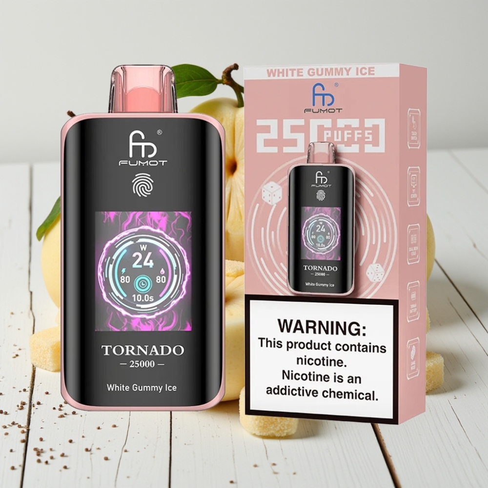 Fumot Tornado 25000 Puffs - Baltų Guminukų Ledas | HD Ekranas, 700mAh, 20ml, Type-C