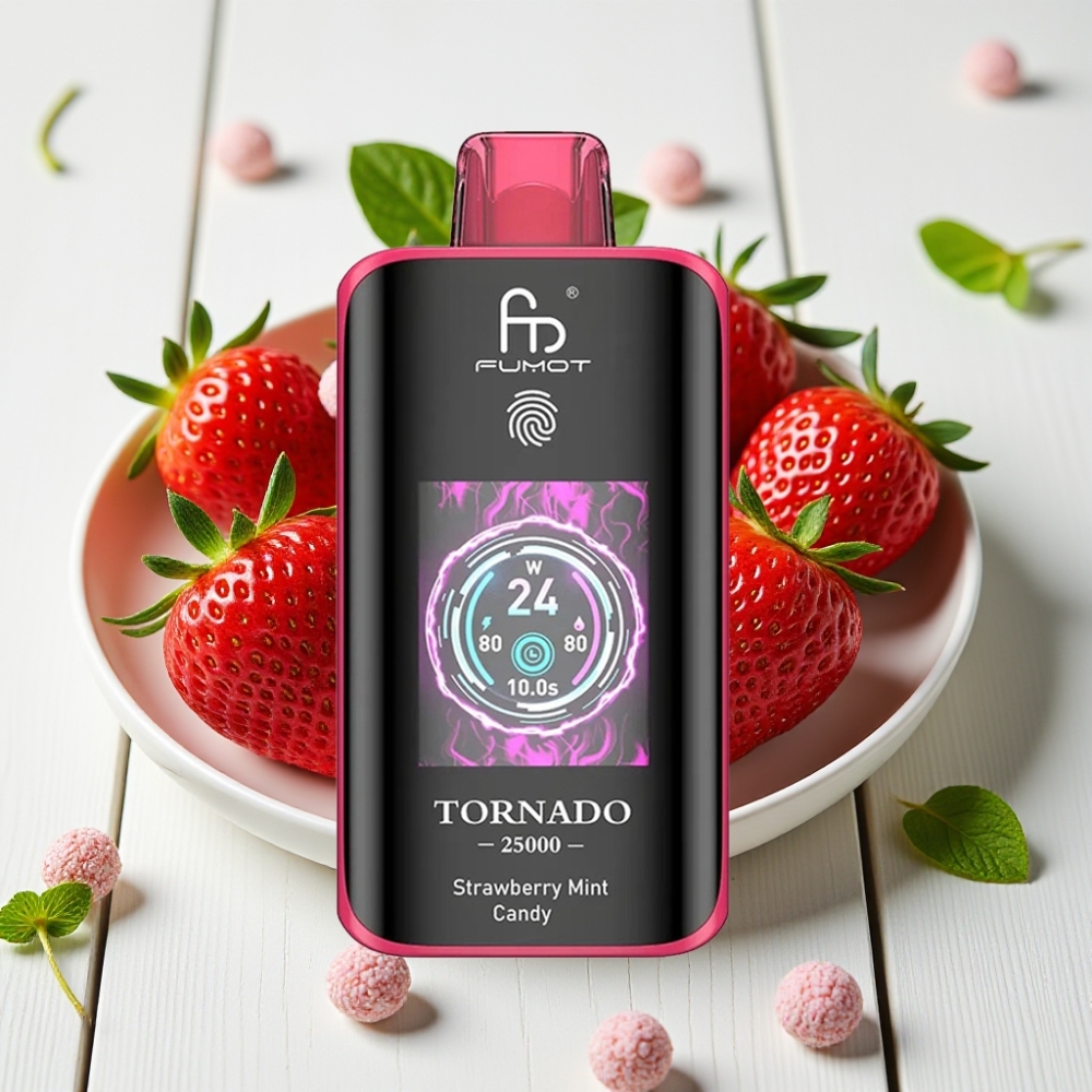 Fumot Tornado 25000 Puffs Braškės Mėtų Saldainiai, HD Ekranas, 700mAh, Type-C