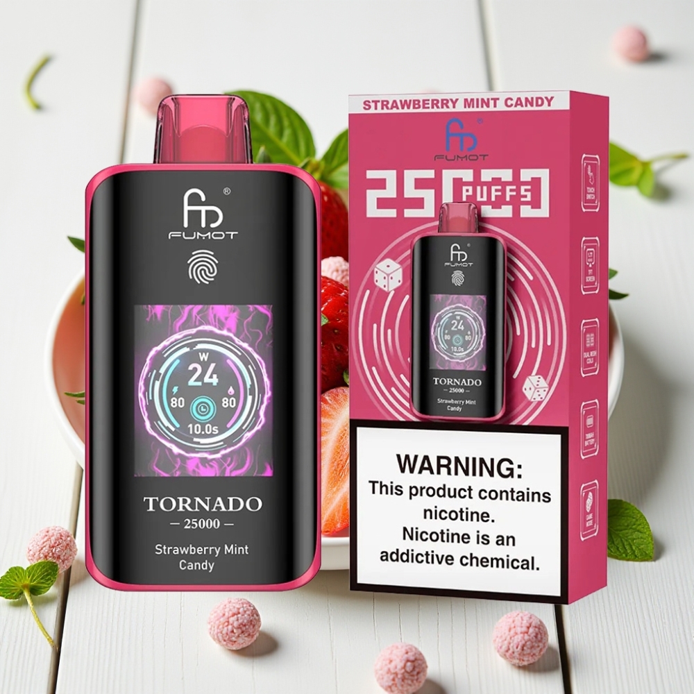 Fumot Tornado 25000 Puffs Braškės Mėtų Saldainiai, HD Ekranas, 700mAh, Type-C