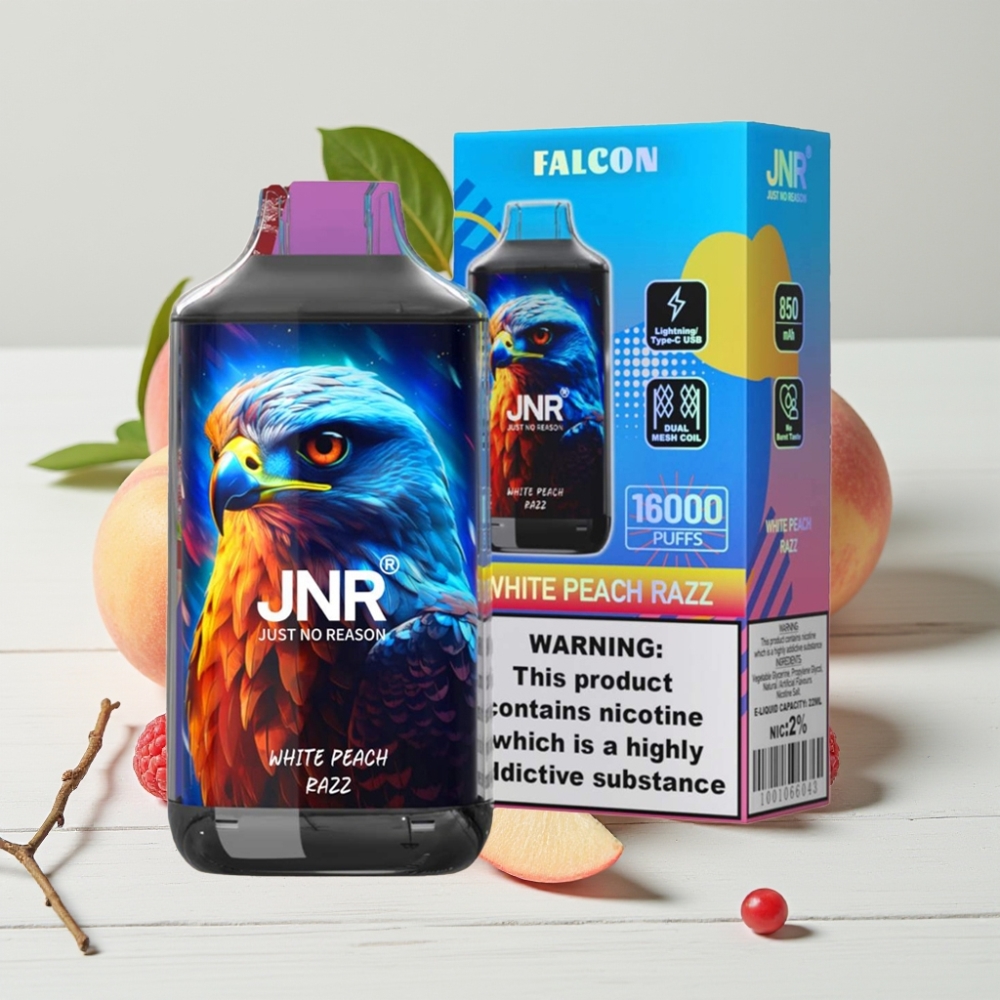 JNR Falcon 16000 Puffs Baltasis Persikas ir Avietė, 850mAh, 22ml, Dual Mesh