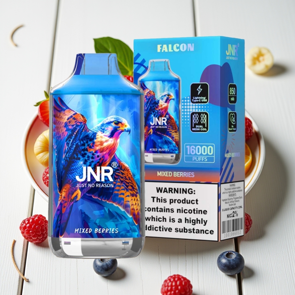 JNR Falcon 16000 Puffs Mišrios Uogos, 850 mAh, 22ml, Dvigubas Tinklelio Apvijas, Type C