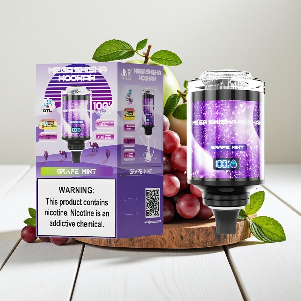 JNR Mega Shisha Hookah 100K Stalinis Suderinamumas, Vynuogių Mėta, 60ml, 2200mAh, 2% Nikotino