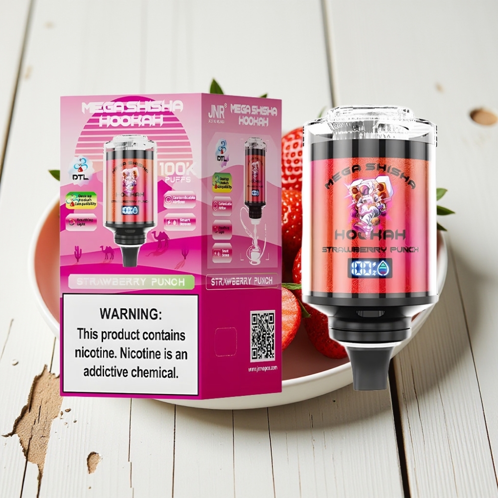 JNR Mega Shisha Hookah 100K Stalo Derinimas Braškinis Punch, 60ml, 2200mAh, 2% nikotino