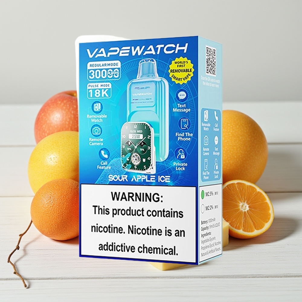 JNR VapeWatch 30000 Puffs Rūgštus Obuolys Su Mėtų Skoniu, 19mL, 5% Nikotino, Type-C